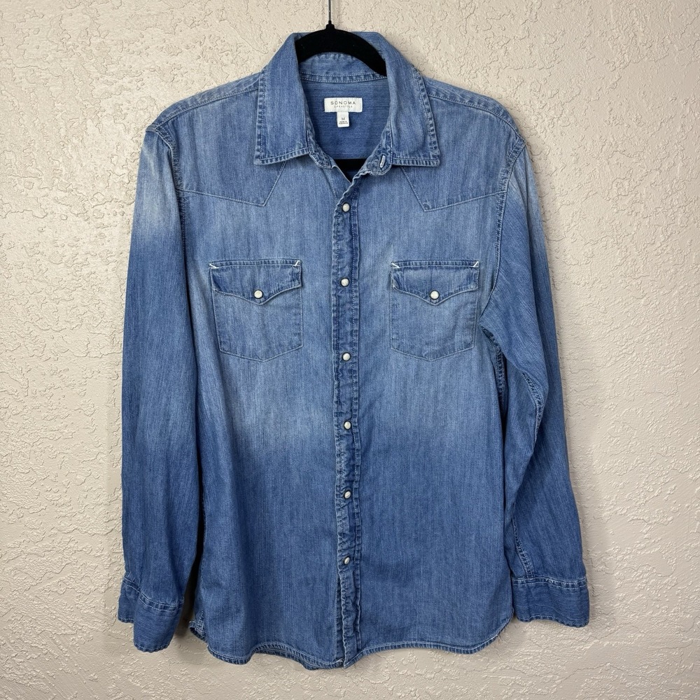 Sonoma Womens Pearl Snap Denim Shirt Size M Distressed Blue Chambray Western